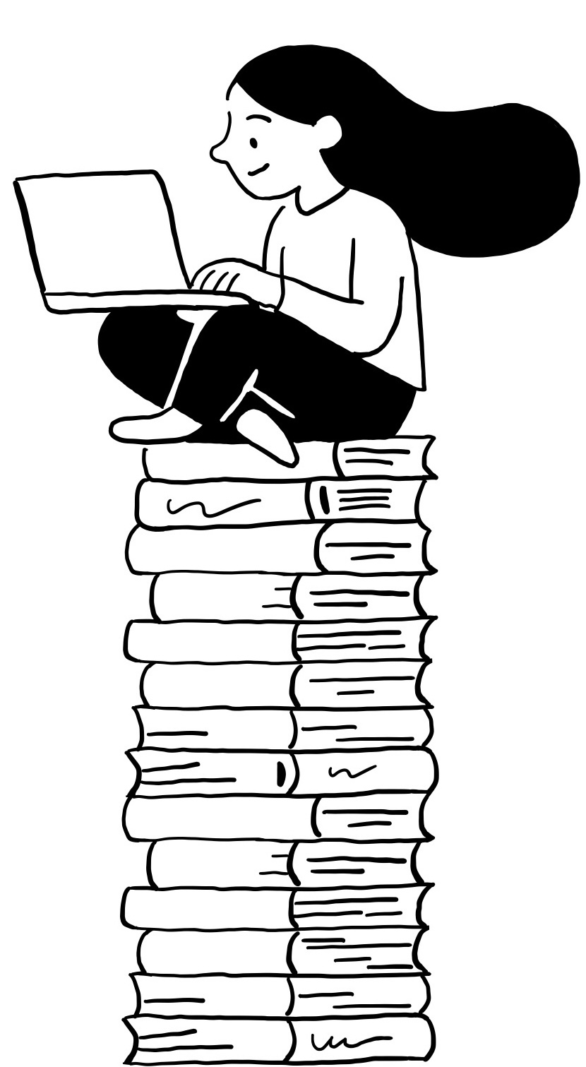 Illustration of a woman working on a laptop while sitting on a stack of books